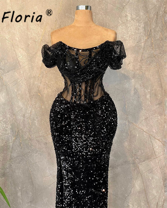 Shiny Sequin Beads Formal Party Dress Strapless Corset Sheath Floor Length Black Prom Dresses Tailor Made Rode de siree Elegante