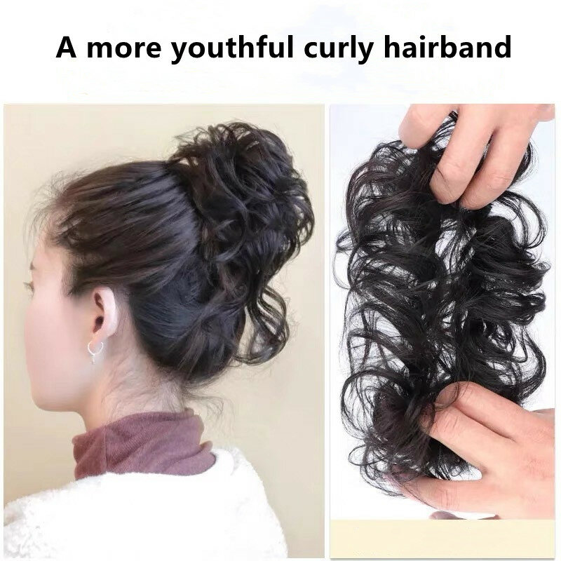 Rambut palsu Chignon sintetis, ikat rambut palsu keriting elastis untuk wanita warna hitam cokelat