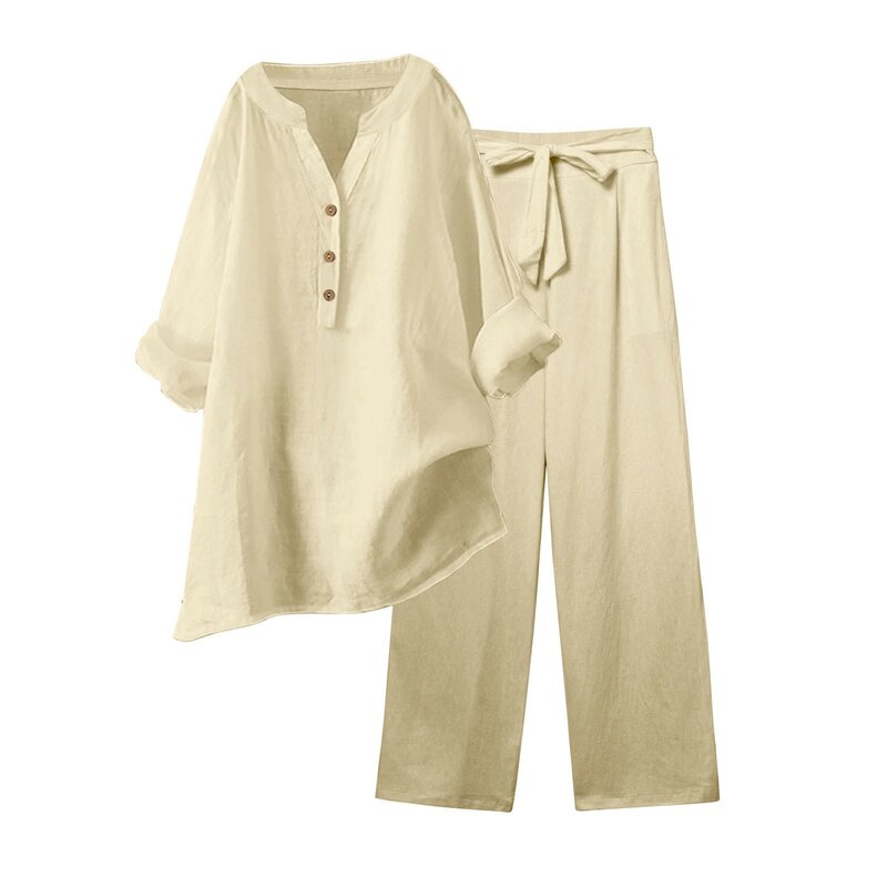 Damen 2 Stück Outfits weites Bein Bluse Taschen elastische Hosen Sets lässig V-Ausschnitt Hemd Großmutter der Braut Hosen anzüge