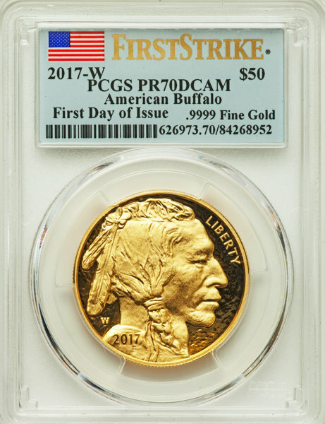 Tungsteno chapado en oro de 24k, 2017 $50, PCGS, grado PR70DCAM, sellado de alta calidad, no magnético
