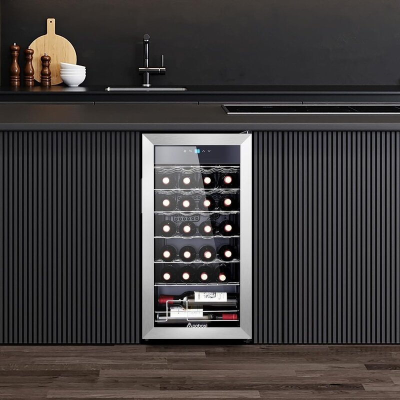 Enfriador de vino con compresor de 28 botellas, refrigerador de vino con puerta de vidrio templado de acero inoxidable para rojo, blanco o champán