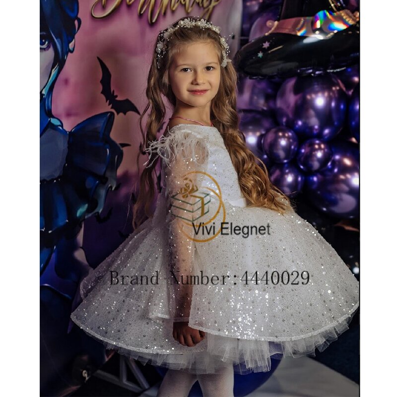 Iovry-vestidos de flores con lentejuelas para niñas, vestidos de Navidad de manga larga para princesa con plumas, 2024
