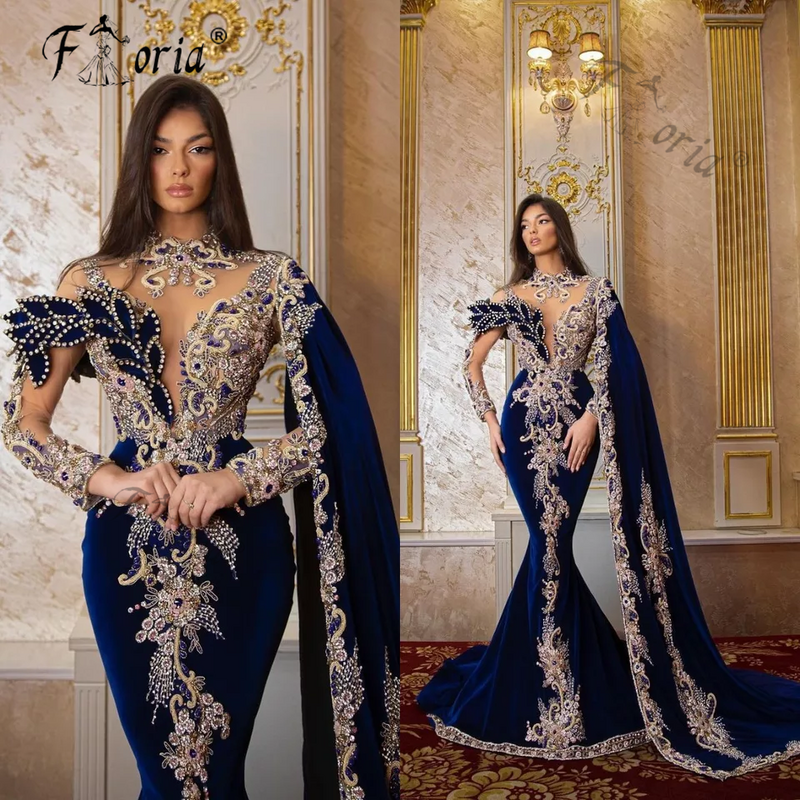 Luxury Crystal Beads Velvet Mermaid Evening Dresses Royal Blue Couture Long Sleeve Dubai Appliques Party Prom Gown Vestidos Gala