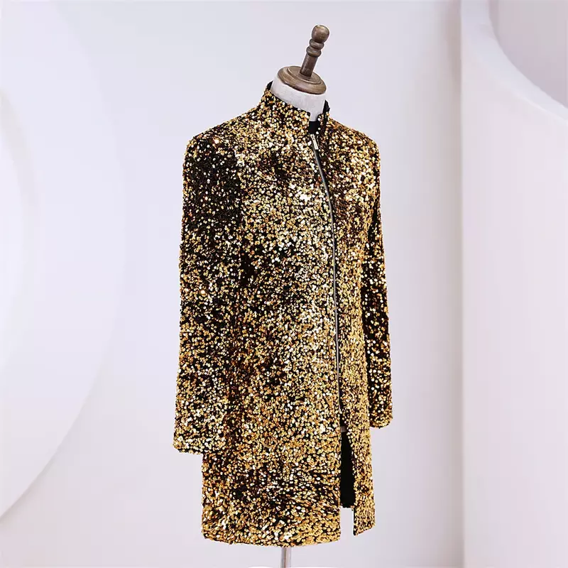 Casaco de luxo dourado brilhante Blazer longo masculino, gola, terno com zíper, show de festa, baile de baile, marca, 2023