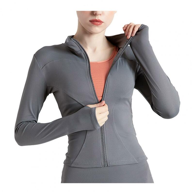 Jaket wanita lembut kerah berdiri cepat kering, jaket olahraga dengan penyerapan keringat Slim Fit lengan panjang penutupan elastis