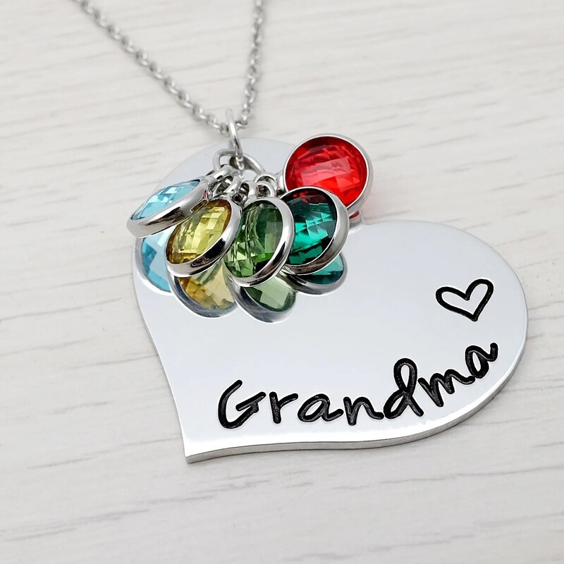 Custom Family Names Necklace Heart Pendant Necklace with Birthstones Personalized Grandma Necklace for Her Mother's Day Gift