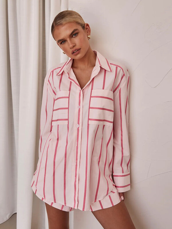 Marthaqi-ストライプのパジャマセット,女性用,半袖パジャマ,ナイトガウン,折り返し襟,カジュアルショーツ,ナイトウェア,2枚