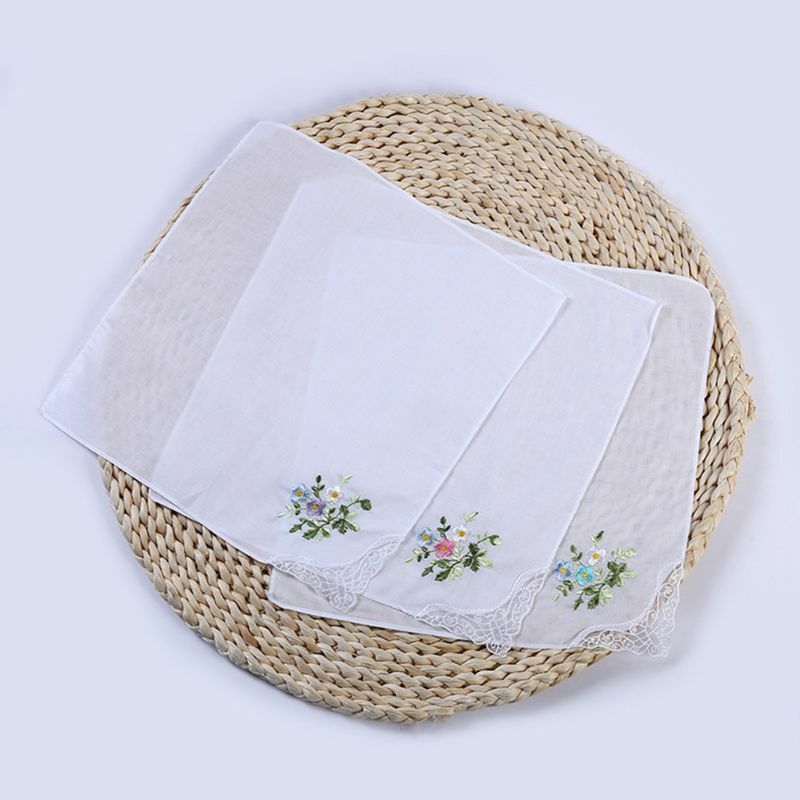 Y166 5Pcs/Set 11x11 Inch Womens Cotton Square Handkerchiefs Floral Embroidered with for Butterfly Lace Corner Pastoral
