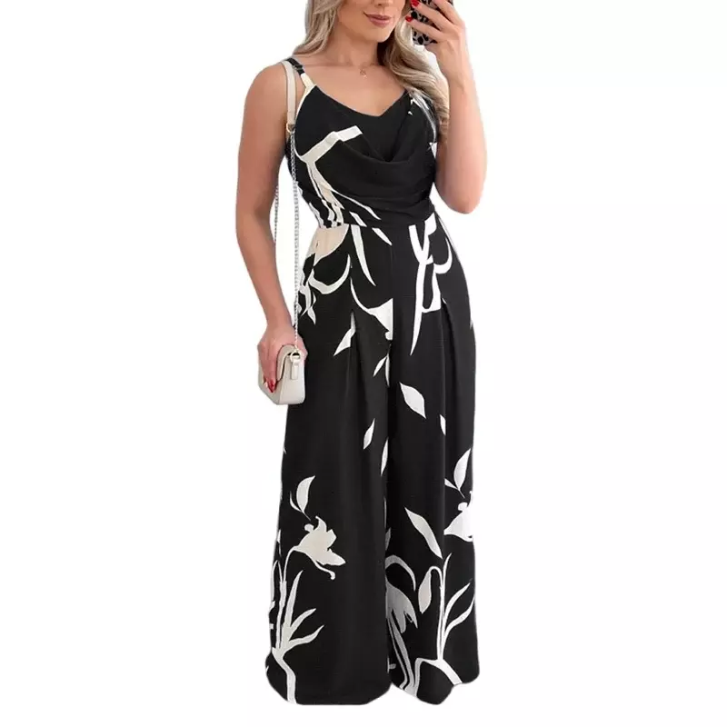 Hot Sale Printed Jumpsuits For Women Summer Sexy Sleeveless V-Neck High Waist Loose Fashion Casual Female Straight Jumpsuits