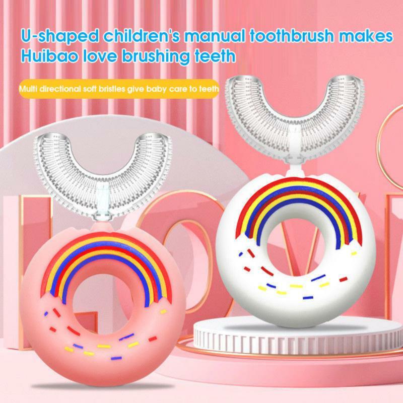 Sikat gigi anak berbentuk U, sikat gigi bentuk donat 2-6 tahun, sikat gigi bayi silikon kartun pembersih perawatan mulut Manual