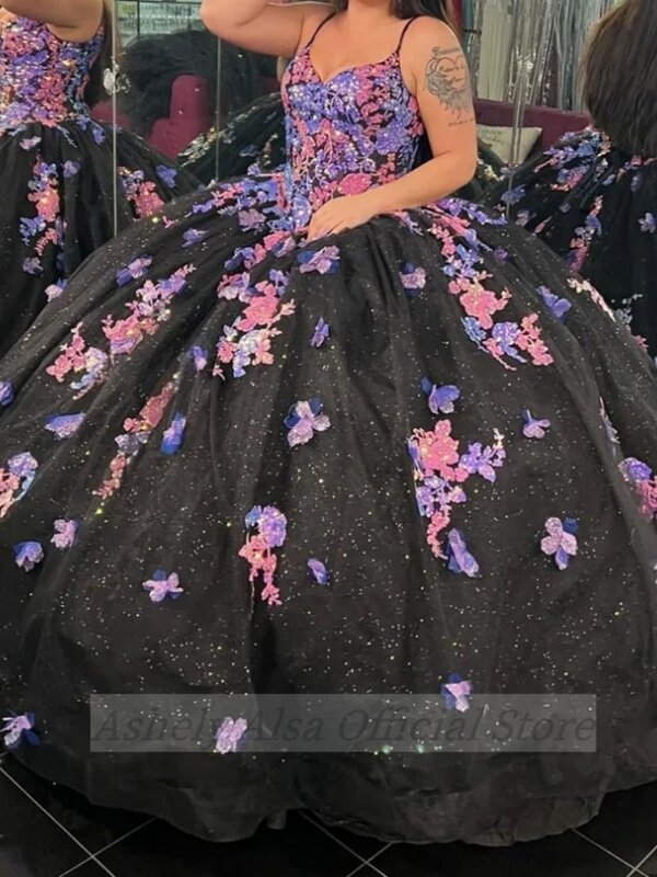 Saudi-Arabisch schwarz süß 16 Mädchen Quince anera Kleider V-Ausschnitt Blumen applikation Schnürung Vestido de VX 14 Anos formelle Gelegenheit tragen