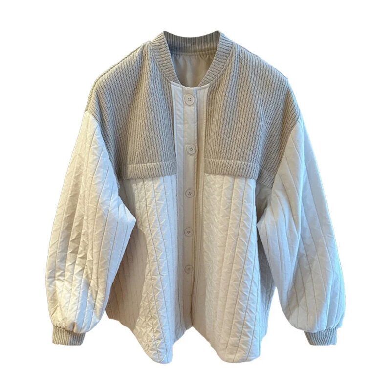 Jaqueta acolchoada de algodão feminino, tops acolchoados de algodão, costura casual tricotada listrada, relaxada, design de alta qualidade, outono, inverno