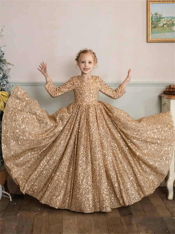 Wykwintny cekinowy sukienki dla dziewczynek gorset z długim rękawem z kwiatem i błyszczącym zamkiem ślubnym z sukienki na przyjęcie na zamek błyskawiczny