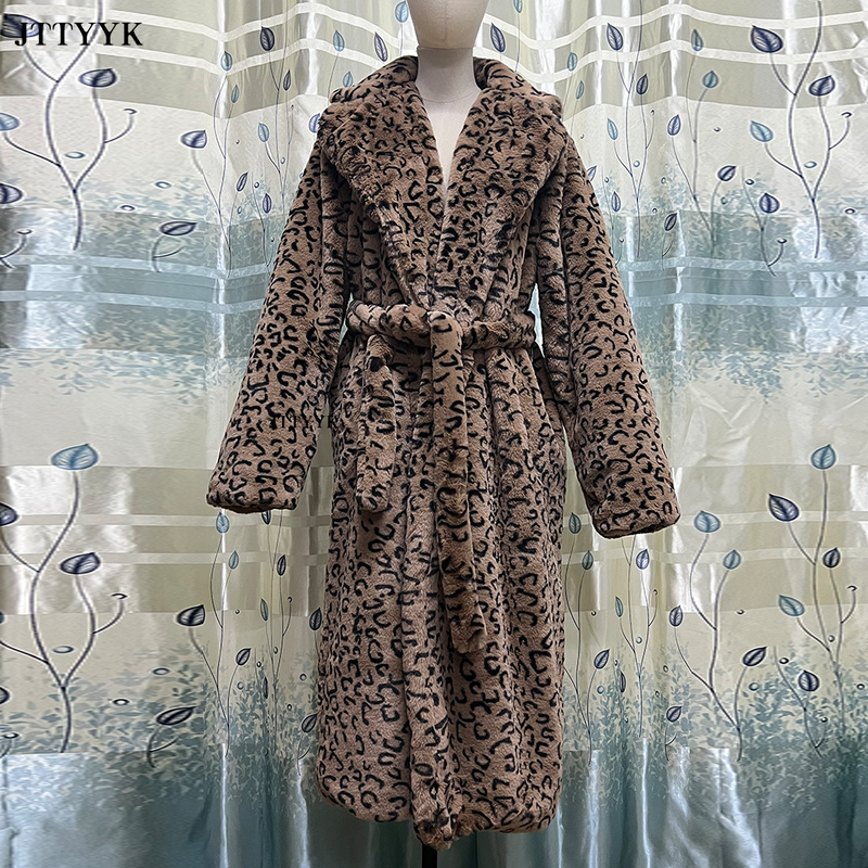 女性のためのヒョウ柄の毛皮のコート,長くて厚い,暖かい,大きいサイズ,秋と冬