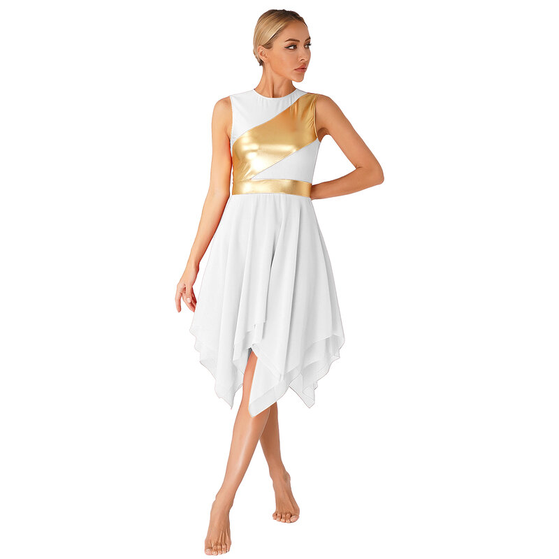 Gaun dansa mewah untuk wanita, gaun tanpa lengan blok warna, kostum pertunjukan tari Modern tembus cahaya hologram asimetris untuk wanita