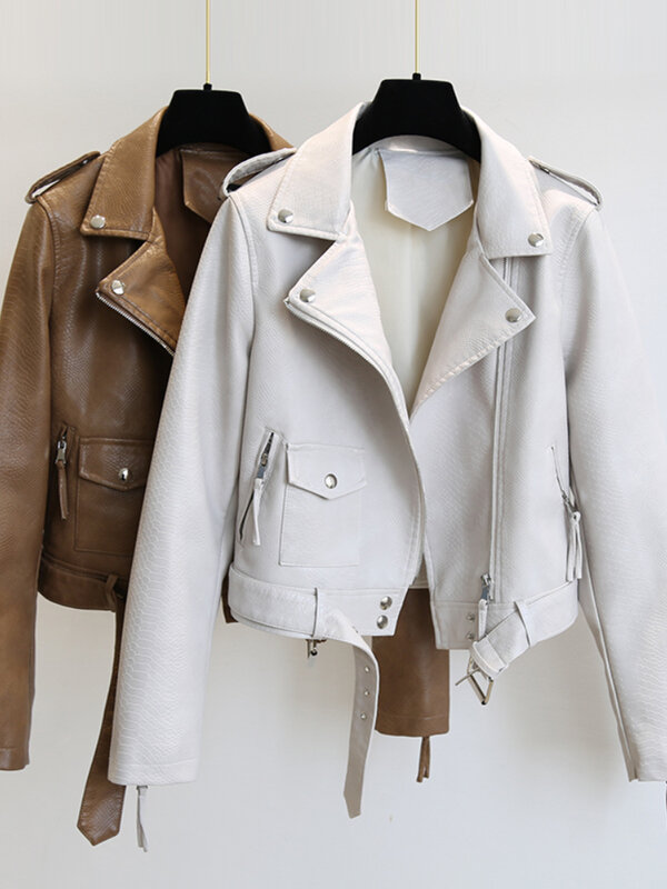 Ftlzz-Chaqueta de piel sintética para mujer, abrigo ajustado de cuero caqui con cinturón, ropa de calle para primavera y otoño