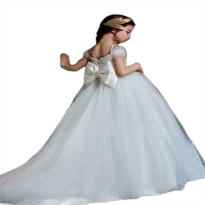 فساتين رائعة كبيرة القوس منفوش زهرة فتاة لحفلات الزفاف 2023 الأميرة السباغيتي الأشرطة مسابقة الاطفال أول مناولة الحاضر