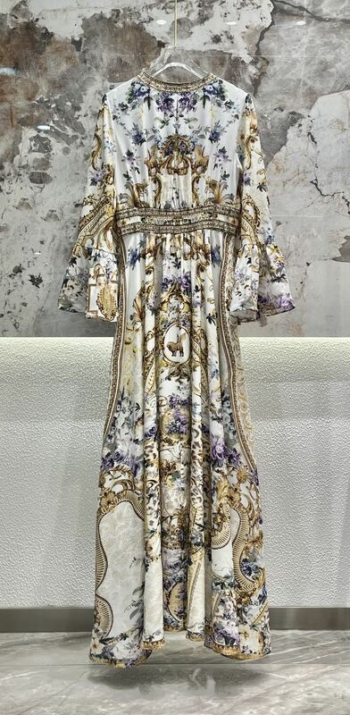 Women 100% Silk V-Neck Retro Flower Printed Heavy Beaded Maxi Long Dress