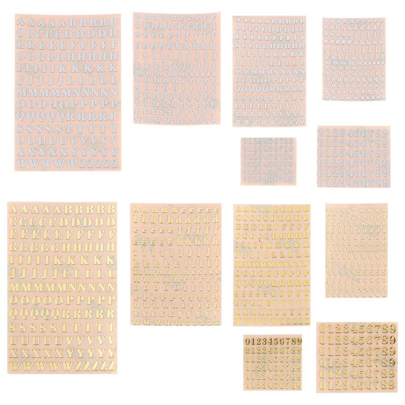 Pegatinas de resina con letras, pegatinas de números pequeños del alfabeto para arte de resina, autoadhesivas de aleación con purpurina, 12 hojas