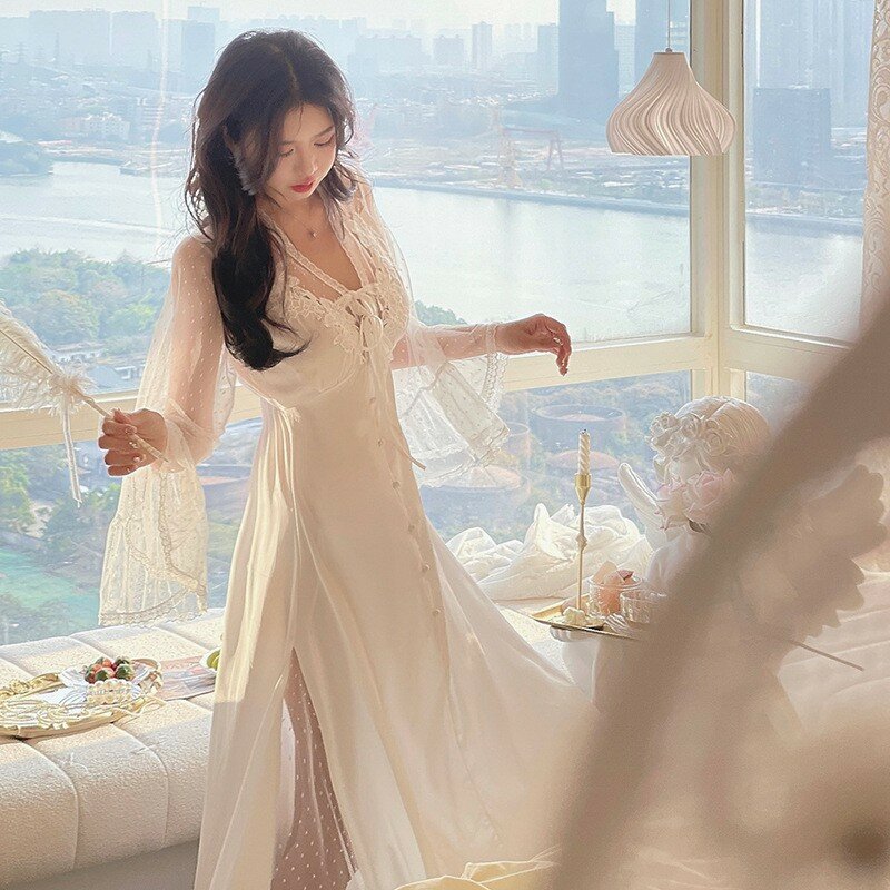 Seksowna siatka koronkowa koszula nocna francuska księżniczka szlafrok elegancka bielizna nocna długi na jedwabnym sznurku satynowa letnia nowa bielizna nocna