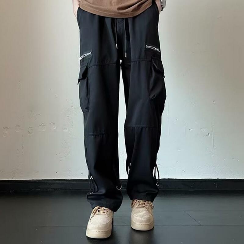 Soft Touch Men Pants Men's Wide Leg Cargo Pants with Drawstring Waist Multiple Pockets for Casual Comfort in Spring Summer Fall