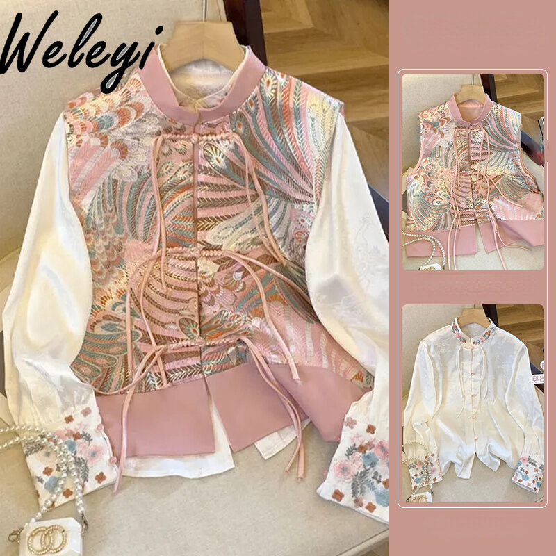 Camisa de manga larga bordada para mujer, blusa cárdigan elegante única, estilo chino, 2024