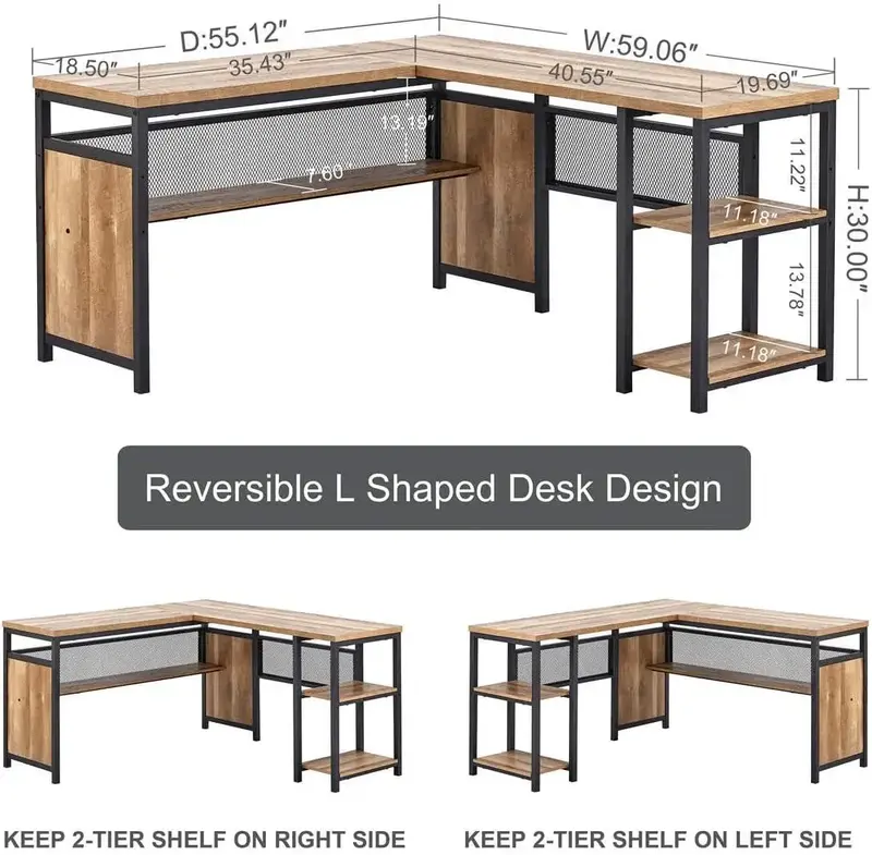 FATORRI-L Shaped Computer Desk, Mesa de Escritório Industrial com Prateleiras, Mesa reversível de madeira e metal para escritório doméstico, livre de ferrugem