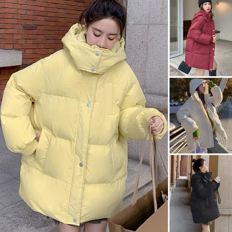 후드 스탠드 칼라 두꺼운 패딩 다운 재킷, 방풍 따뜻한 지퍼 클로저, 중간 길이 여성 다운 코트, 겨울