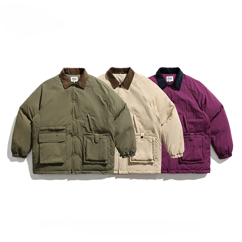 เสื้อแจ็คเก็ตผ้าฝ้ายคอปกทรงหลวมอบอุ่นมีกระเป๋าขนาดใหญ่สไตล์ญี่ปุ่นสำหรับฤดูใบไม้ร่วงฤดูหนาว