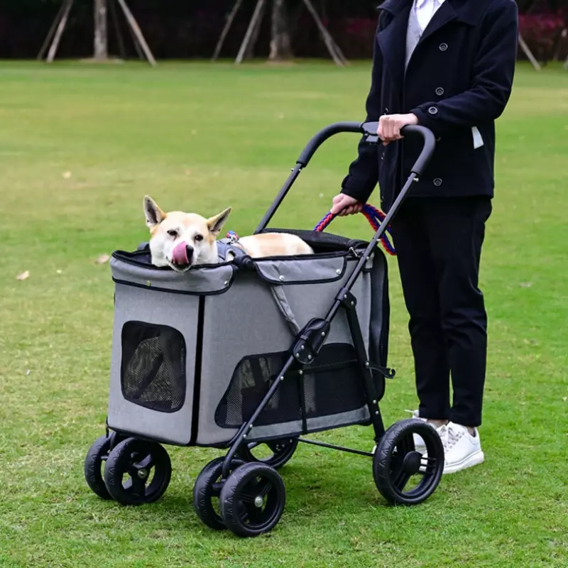 Carrinho de estimação portátil e dobrável, carrinho de quatro rodas, ventilado e respirável, carrinho de estimação, cão médio e grande