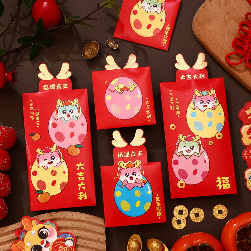 Праздник Весны Hongbao 2024 красный конверт с изображением дракона из мультфильма выдвижной Динозавр яйцо подарочные пакеты новогодние деньги на удачу красный пакет