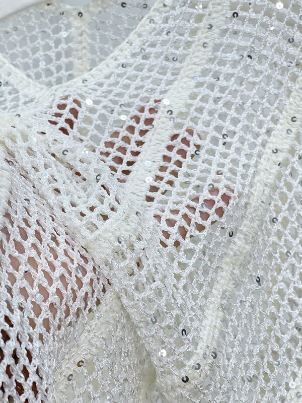 半袖ニットセーター,女性用衣服,スパンコール糸,中空,高品質,2024
