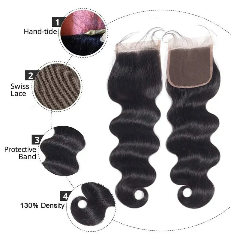 Beaudiva-feixes de cabelo natural brasileiro com renda frontal, cabelo humano, onda do corpo, hd transparente, 13x4, com fechamento