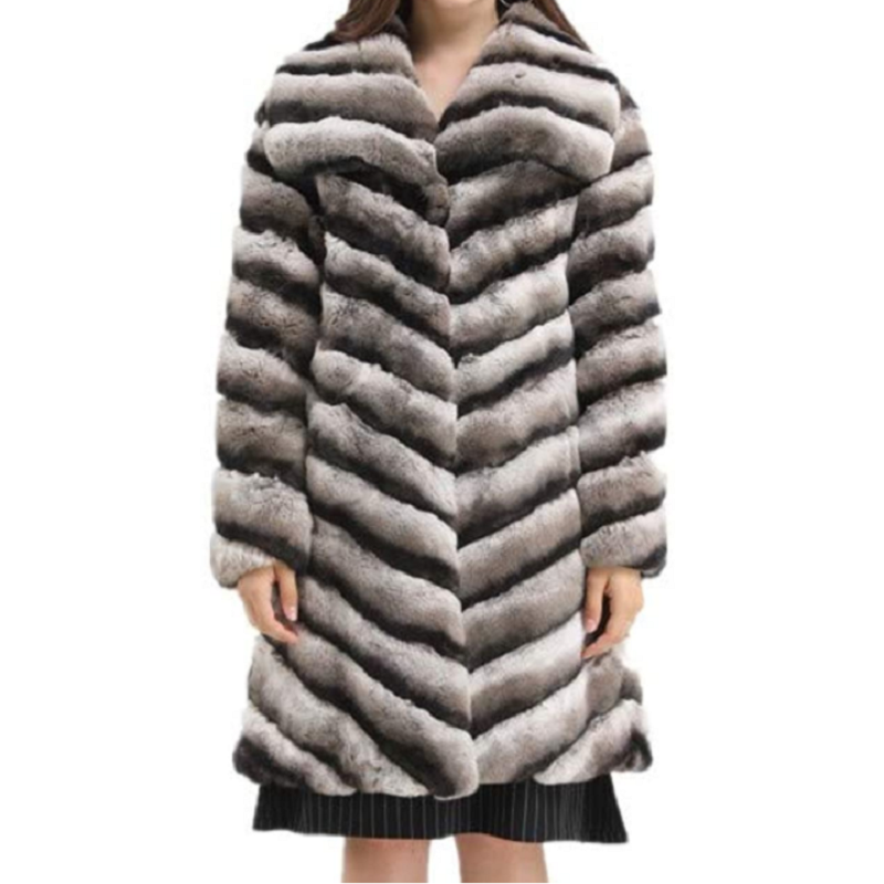 Abrigo largo de piel de conejo Rex Natural a rayas, ropa de abrigo cálida de lujo, Color Chinchilla, 2023, para invierno, en venta, 1907011