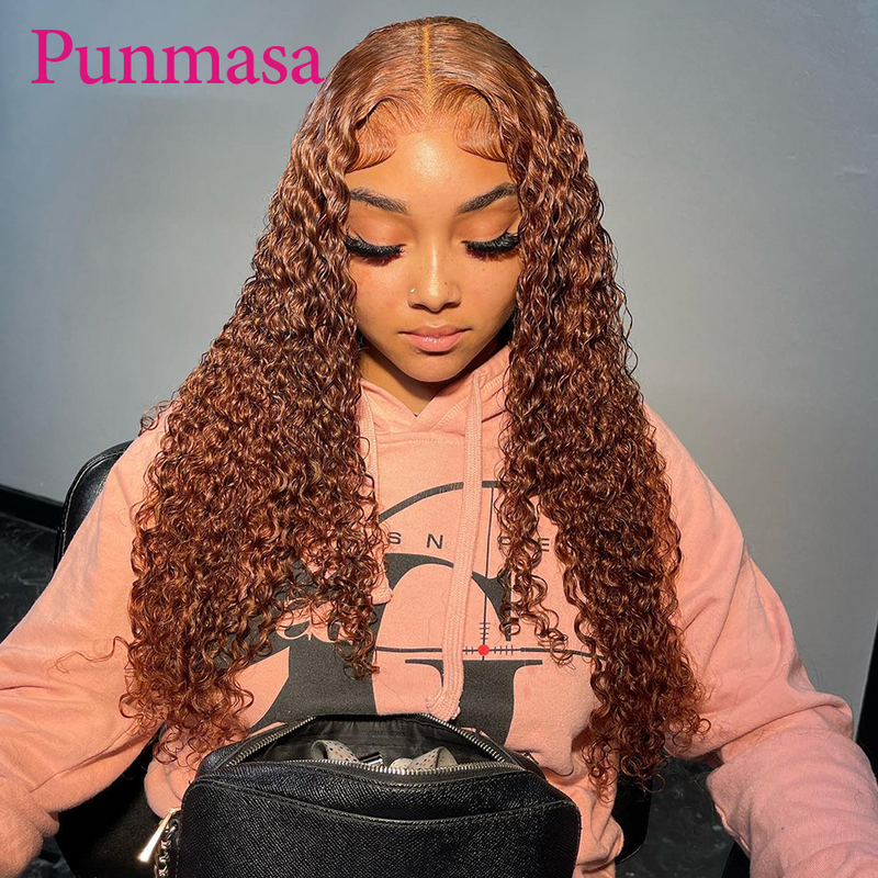 Punmasa-Curly Lace Front Brasileiro Peruca de Cabelo Humano, Transparente Lace Front, Glueless, Cobre Brown, Remy, 13x4, 200%, 13x6