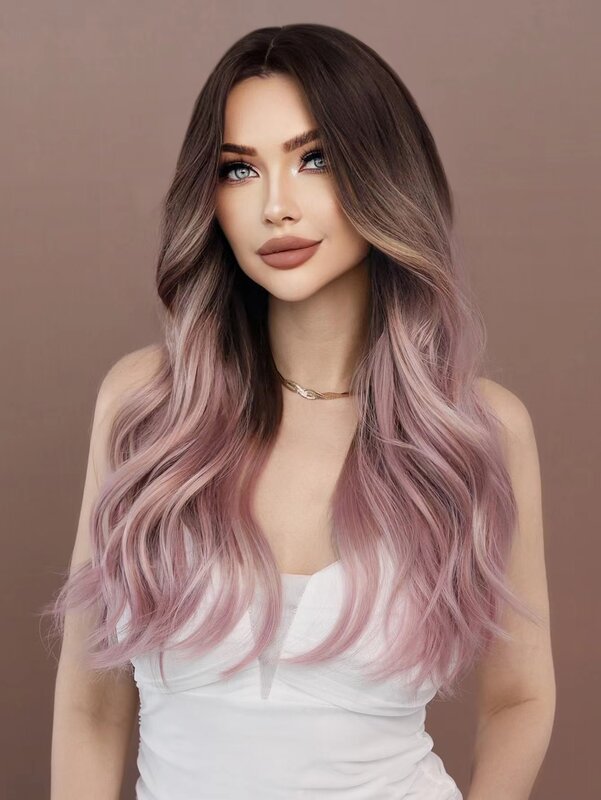 Wig sintetis baru rambut keriting panjang ungu gradien merah muda wanita dengan gelombang besar di tengah