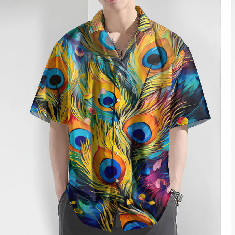 男性用3D孔雀の羽プリントシャツ,特大のラペルシャツ,カジュアルな毎日の服,新しい夏のコレクション
