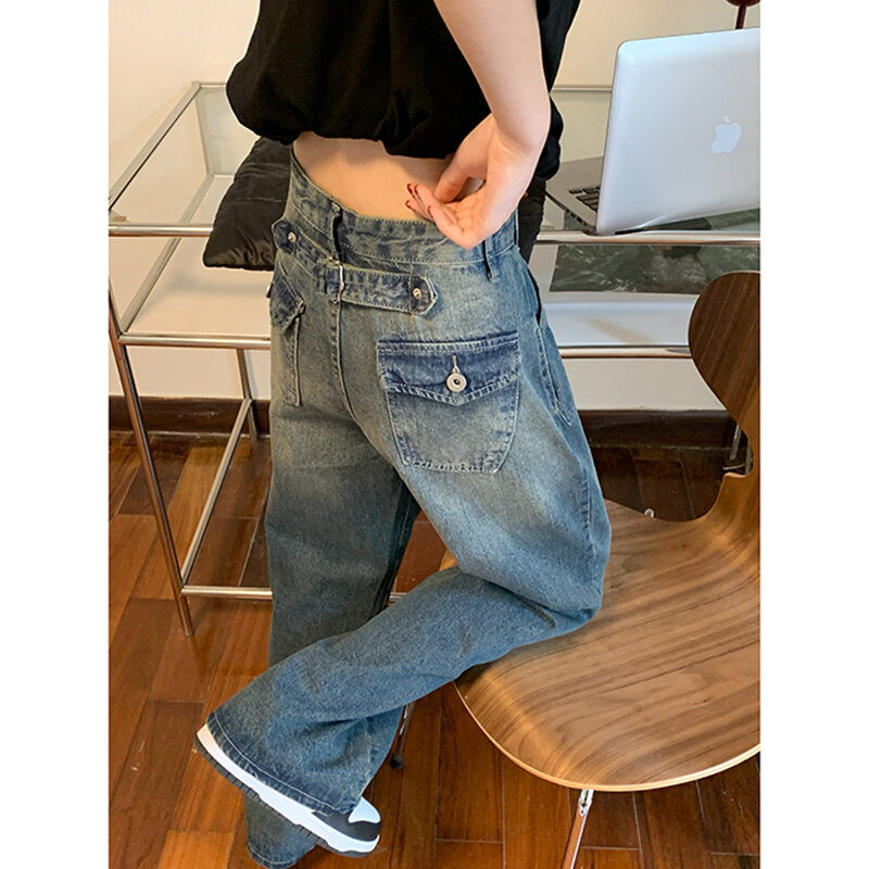Jeans Lurus Wanita Gaya Amerika Celana Streetwear Pinggang Tinggi Antik Biru Celana Panjang Lebar Denim Wanita Kasual Desain Chic