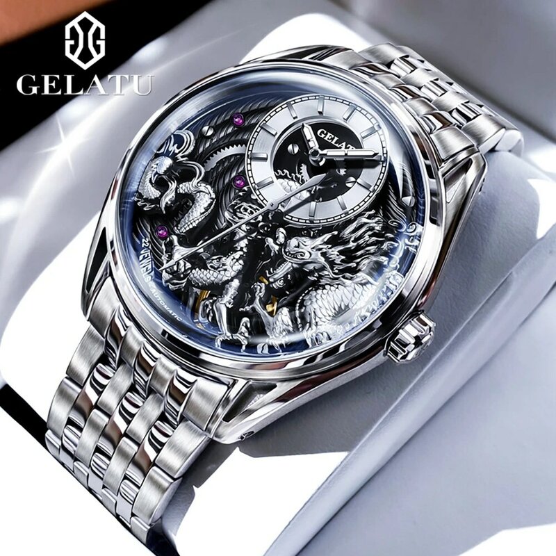 นาฬิกาผู้ชาย Gelatu 6018ลายมังกร Relief นาฬิกากลไกอัตโนมัติสำหรับผู้ชายกระจกแซฟไฟร์นาฬิกาข้อมือผู้ชายแบรนด์หรู