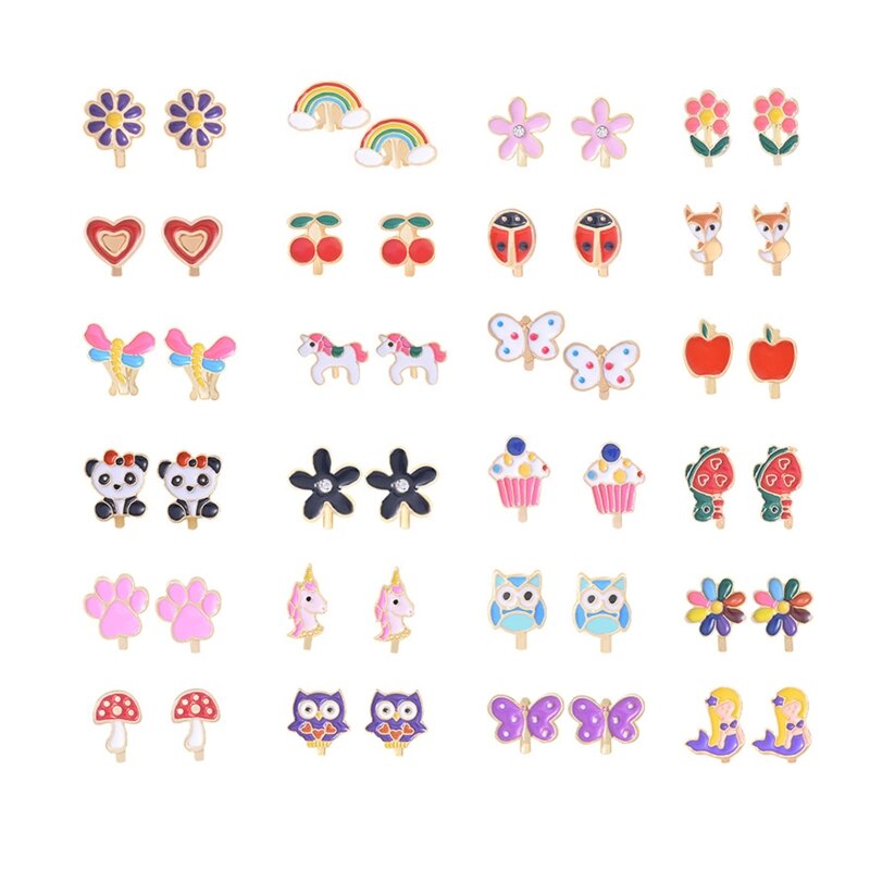 24Pairs/Set Girls Clip On Earrings Kids Cute Flower Earring Princess Dress Up Earring Cuff Party Jewellery Gifts Dropshipping