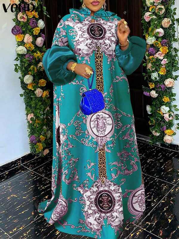 Gaun Cetak Lengan Panjang Mode untuk Wanita 2022 VONDA Gaun Maxi Berlipat Pesta Elegan Wanita Jubah Wanita Vestido Vintage Kasual
