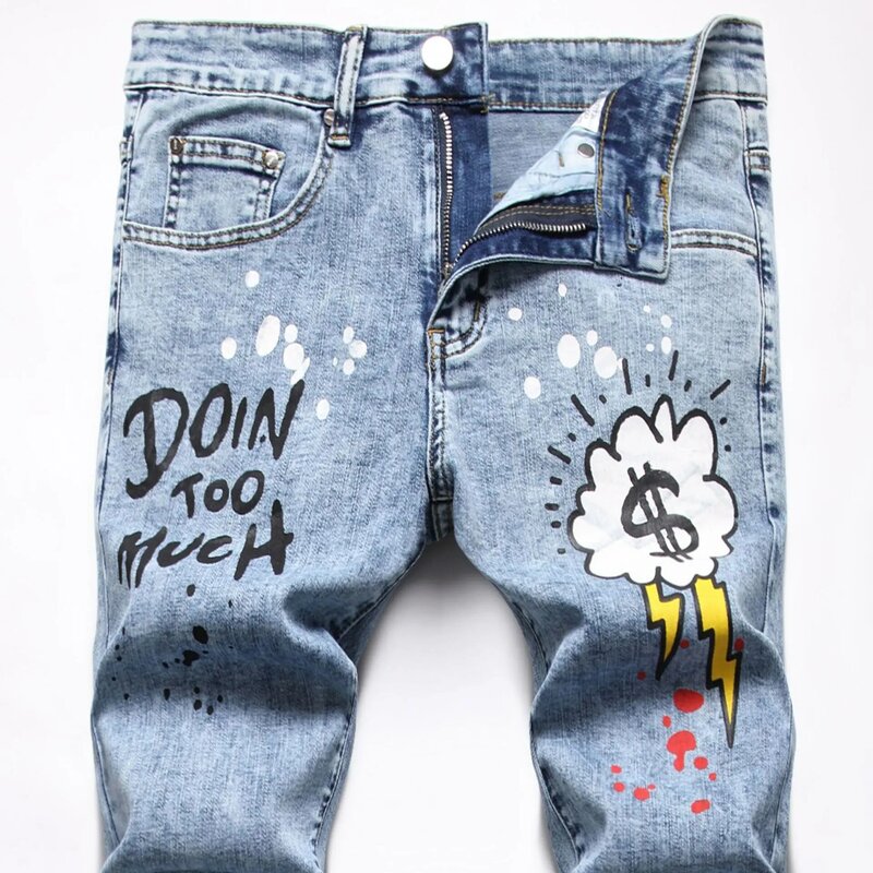 Pantaloni Jeans da uomo Casual moda autunno Slim Fit ed elasticizzati Hip-hop stampe colorate lavare Jeans Skinny Denim Slim-fit da uomo