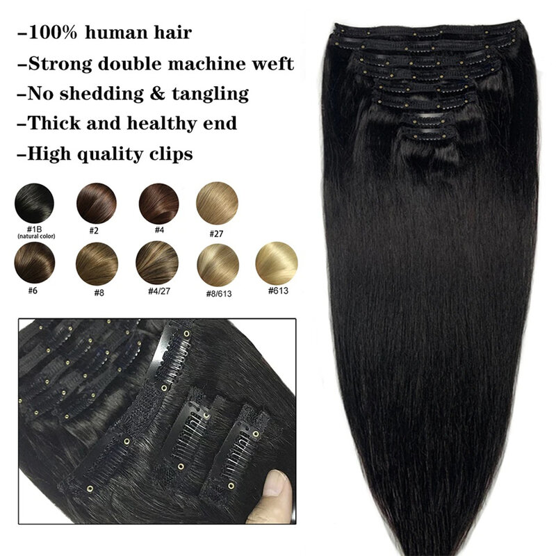 Natural Straight Clip in Hair Extensions Real Human Hair Clip in 100% Human Hair Invisible Seamless Remy Clip on Hair Extensions