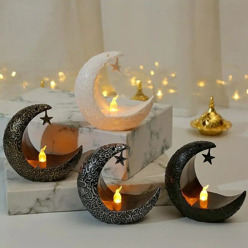 Eid Candle Light Tabletop Moon Star Light Tabletop Holiday Candle Holders Elegant Candle Lantern Battery Powered Night Light