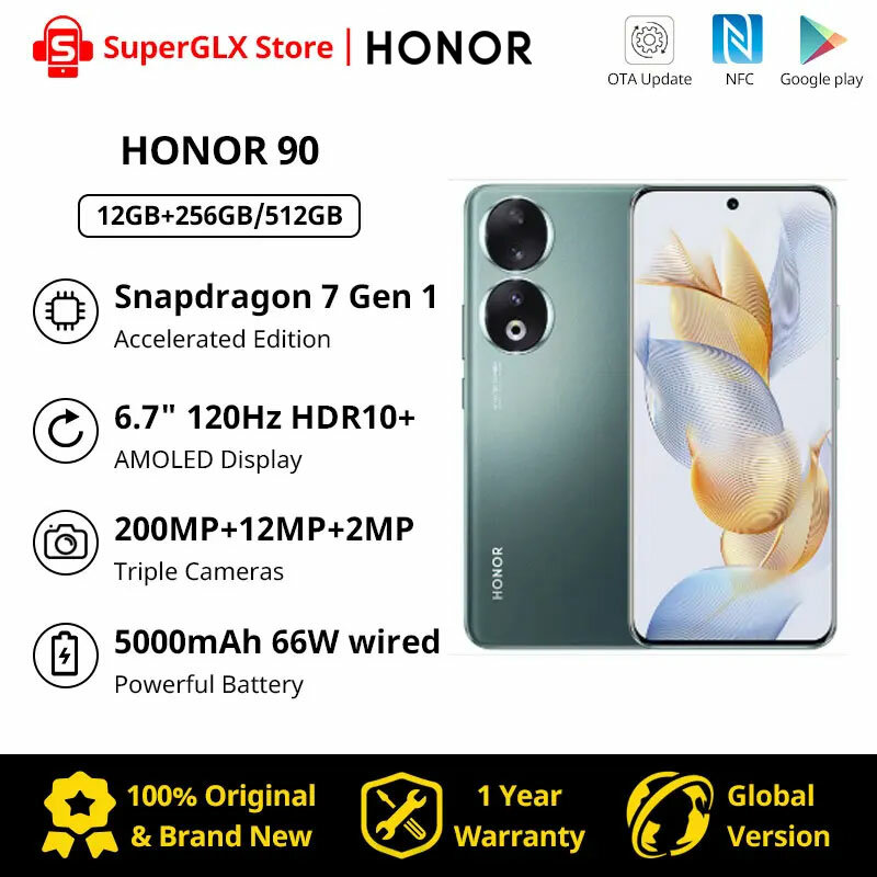 Global Version HONOR 90 5G 6.7 inch OLED Snapdragon 7 Gen 1 200MP Ultra-Clear Camera 5000mAh 66W Supercharger 120Hz 2023 New