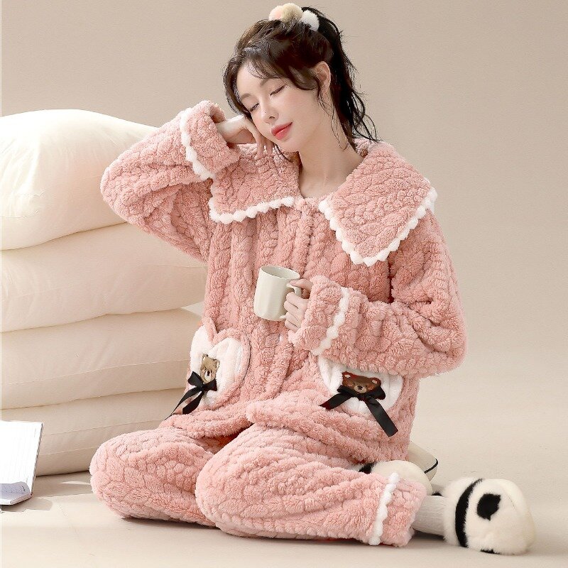 Conjunto de pijama de veludo coral feminino, roupa de noite quente, solto, tamanho grande, fofo, doce, grosso, outono, inverno