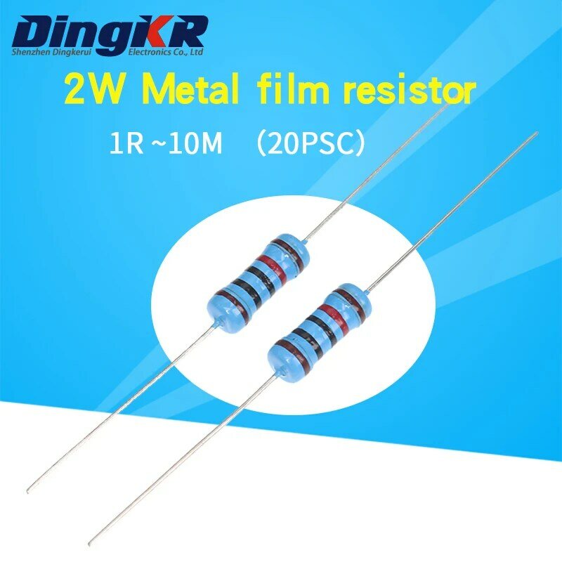 20pcs 2W filme De Metal resistor 1% 2.2R 4.7R 10R 22R 47R 100R 220R 470R 10 1K K 100K 2.2 4.7 10 22 1R ~ 1 47 100 220 470 M ohm