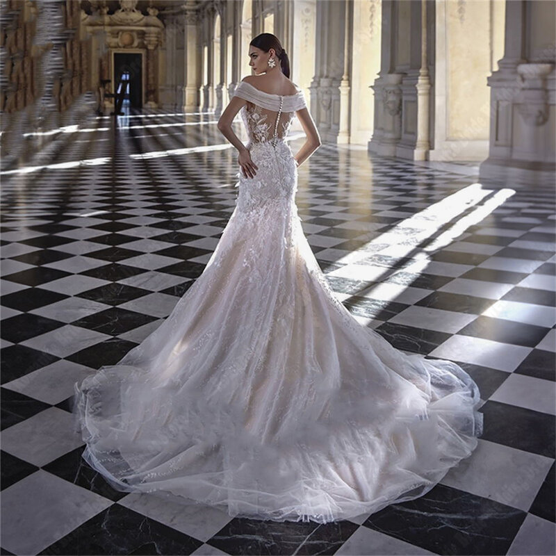 Женское свадебное платье с юбкой годе, фатиновое платье с V-образным вырезом и открытыми плечами, блестящее кружевное платье с аппликацией, 2024