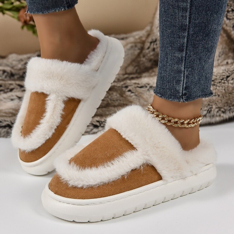 Sandal wanita berbulu hangat untuk musim dingin, sandal rumah bulu palsu lembut pasangan antiselip, sandal hangat untuk wanita