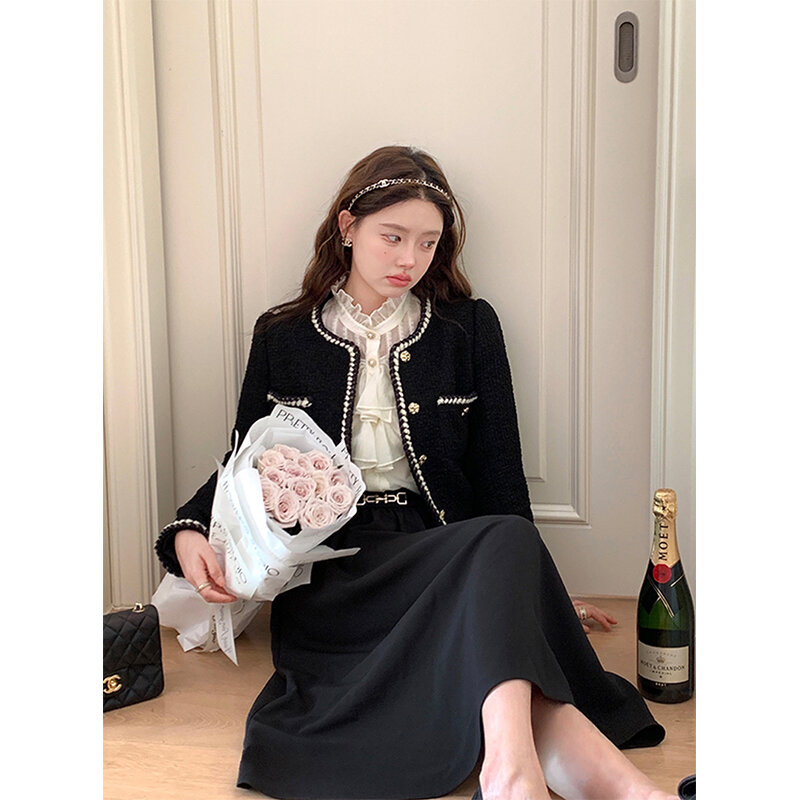 Mexzt Vintage Jassen Vrouwen Zwarte Tweed Cropped Jas Koreaanse Elegante Dikke Single Breasted Blazer Casual Korte Bovenkleding Tops